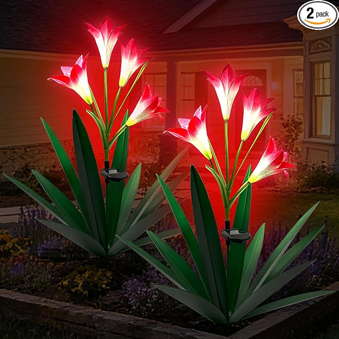 Homight Solar Metal Agave Lily Flower Garden Sculpture with LED Lights 30.3 Inch Waterproof Outdoor/Indoor Yard Decor Handmade Lawn Ornament Gift for Family Friends (2, Grass Green)