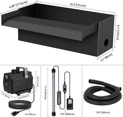 All-in-1 Pond Waterfall Kit with LED Lights, 12 inch Stainless Steel Spillway with 880GPH Water Pump, Outdoor Waterfall Fountain for Water Feature, Garden, Backyard, Pool