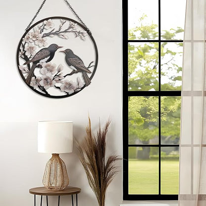 POXOHO Metal Bird Wall Art, 12" Round Wall Decor, Dark Brown, For Living Room, Bedroom, Office
