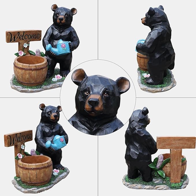 Black Bear Garden Statue Planter, Waterproof Outdoor Resin Animal Flower Pot, Yard Lawn Patio Decor, Front Porch Ornament Housewarming Gift(Black Bear Holding Watering Can)