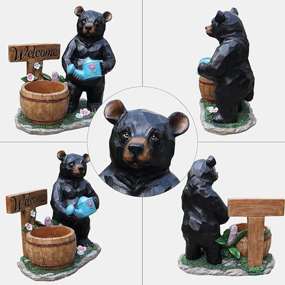 Black Bear Garden Statue Planter, Waterproof Outdoor Resin Animal Flower Pot, Yard Lawn Patio Decor, Front Porch Ornament Housewarming Gift(Black Bear Holding Watering Can)