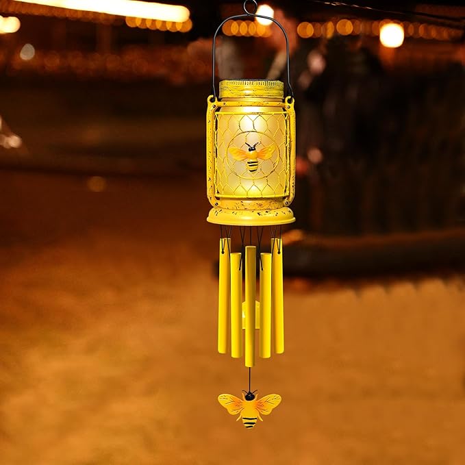 2 Pack Solar Bee Wind Chimes for Outside for Mom Women Grandma,Solar Bee Mason Jar Wind Chime Light Unique Hanging Wind Chimes Outdoor,IP65 Waterproof, for Yard Garden Terrace