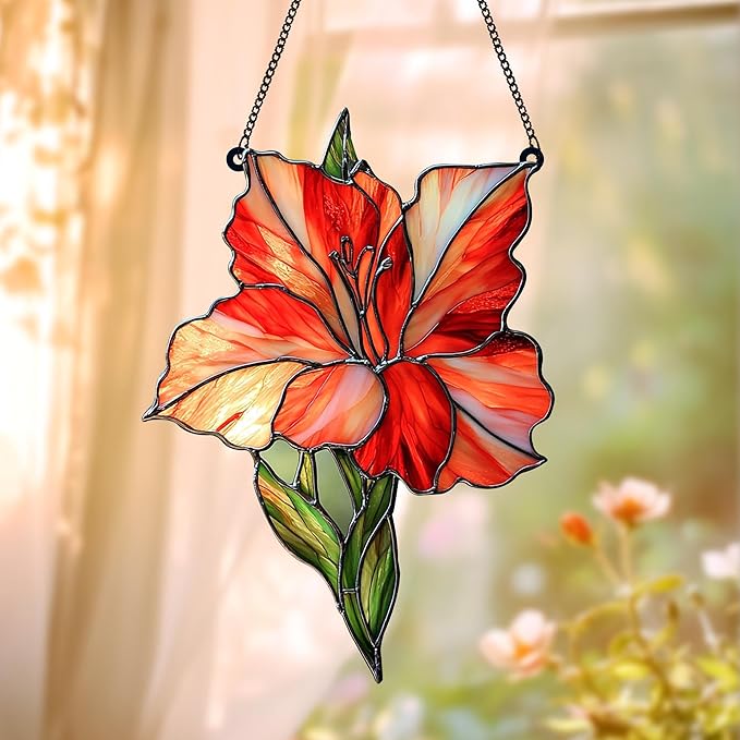 Red Gladiolus Flower Acrylic Suncatcher, Flower Suncatchers for Window Hangings, Stained Glass Effect Garden Decor, Gift for Mother's Day, Mom, Grandma, Wife, Women