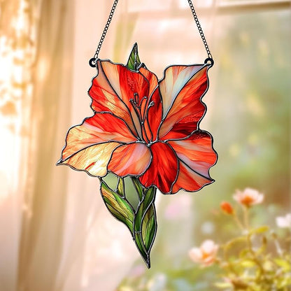 Red Gladiolus Flower Acrylic Suncatcher, Flower Suncatchers for Window Hangings, Stained Glass Effect Garden Decor, Gift for Mother's Day, Mom, Grandma, Wife, Women