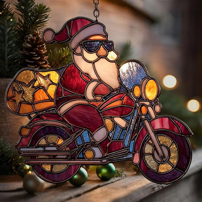 Cool Santa Riding Motorcycle Mosaic Acrylic Suncatcher Stained Glass Effect Window Car Hanging Christmas Ornament Indoor Outdoor Decor Garden Sun Catcher Panel for Women Mom Grandma