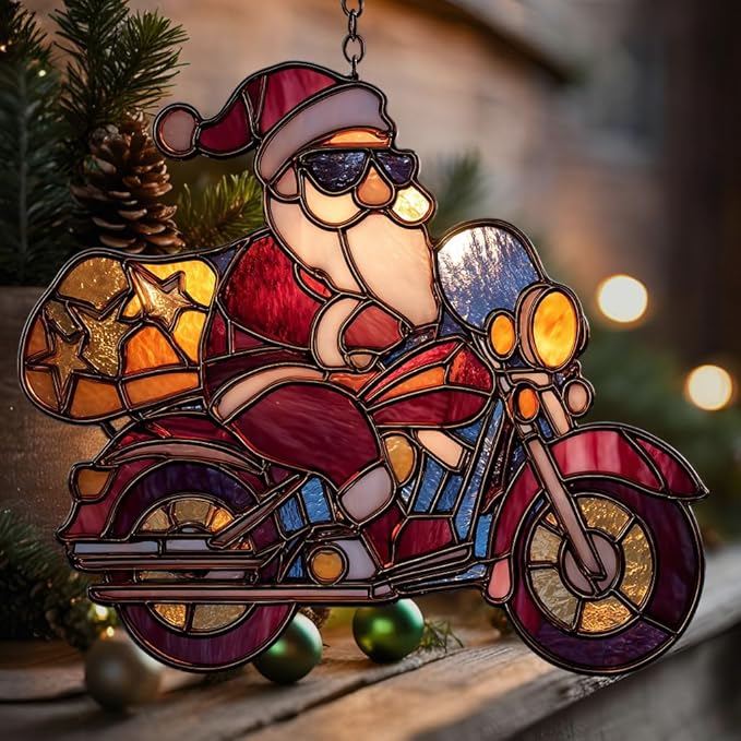Cool Santa Riding Motorcycle Mosaic Acrylic Suncatcher Stained Glass Effect Window Car Hanging Christmas Ornament Indoor Outdoor Decor Garden Sun Catcher Panel for Women Mom Grandma