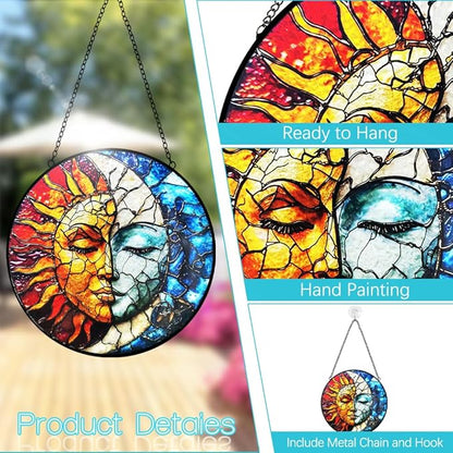 Sun and Moon Suncatcher Stained Glass Window Hanging - 8” Handmade Celestial Decor Suncatchers for Windows Hanging - Sun Catchers Indoor Window Wall Home Garden Decor Mothers Day for Mom Grandma Gift