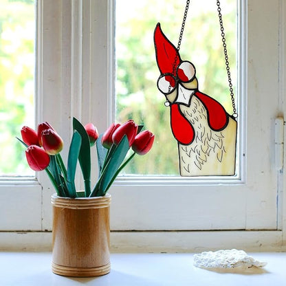 Peeping Rooster Stained Glass Window Hanging, Chicken Gifts for Women Mom Grandma Wife, Chicken Kitchen Decor, Funny Window Corner Hanging Rooster Decor Staring