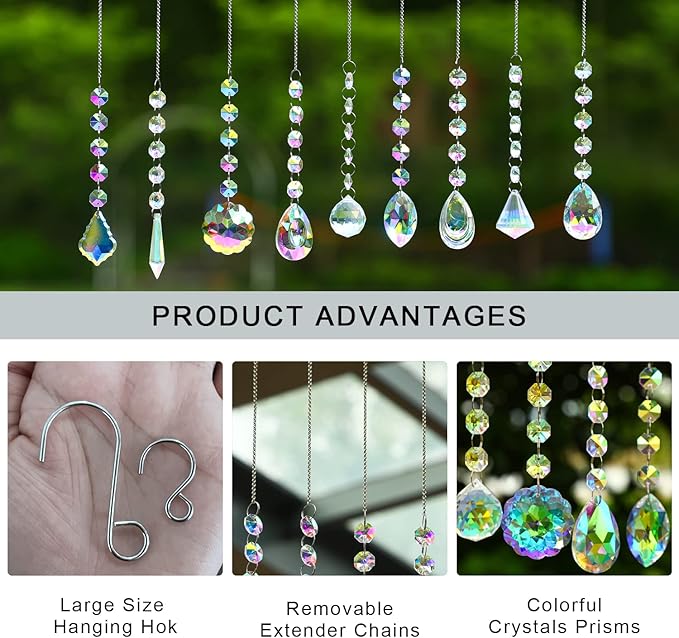 KANPURA 9 PCS Crystal Rainbow Suncatchers, Hanging Crystals Sun Catchers with Chain for Windows, Colorful Suncatcher Prism Pendant Hanging Crystals for Home Christmas Tree Decor