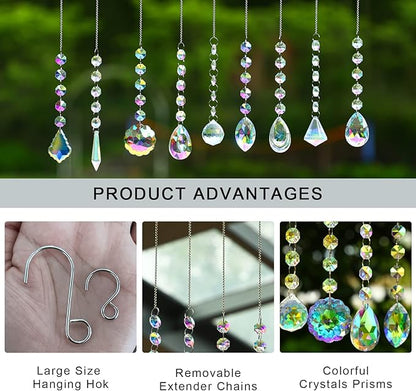 KANPURA 9 PCS Crystal Rainbow Suncatchers, Hanging Crystals Sun Catchers with Chain for Windows, Colorful Suncatcher Prism Pendant Hanging Crystals for Home Christmas Tree Decor