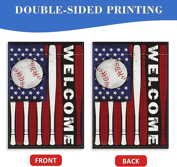 Welcome 4th of July Baseball Patriotic Decorative House Flag, America USA Red White Bat Garden Yard Outside Decoration, American Stars Burlap Outdoor Large Home Decor Double Sided 28 x 40