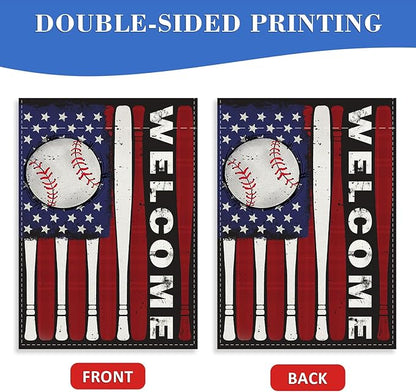 Welcome 4th of July Baseball Patriotic Decorative House Flag, America USA Red White Bat Garden Yard Outside Decoration, American Stars Burlap Outdoor Large Home Decor Double Sided 28 x 40
