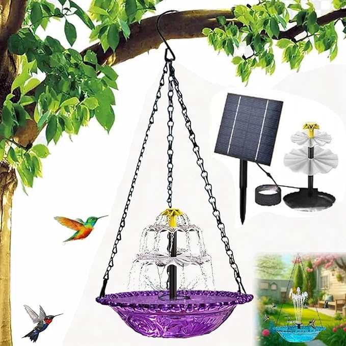 Solar Powered Hanging Bird Bath Fountain, Hanging Bird Bath Fountains Solar Power, Solar Cascade Hanging Birdbath, Tiered Cascade Solar Water Fountains (A Purple)