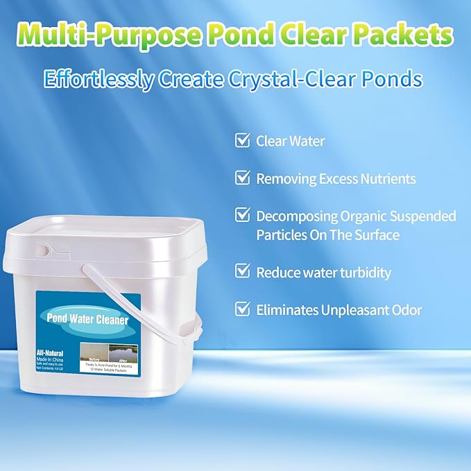 Pond Water Cleaner, 12 Packets Natural Pond Clarifier Treatment for Improving Water Clarity, Eliminate Odor, Cleaner and Clear for Outdoor Ponds & Lakes, Safe for Fish, Pets, Livestock and Swimming