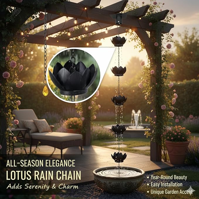 8.5Ft Metal Lotus Rain Chain for Gutters, Rust-Resistant Outdoor Rain Catcher with Hanging Gutter Adapter, Perfect for Heavy Rain, Indoor/Outdoor Decoration, Dark Bronze Finish