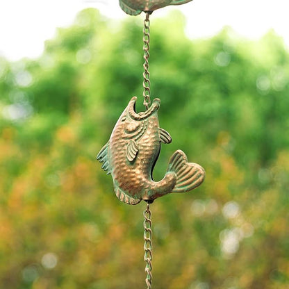 Glitzhome 8.5ft Rain Chain for Gutters 9-Piece Faux Copper Patina Finish Fish Shaped Catcher Replacement for Downpout