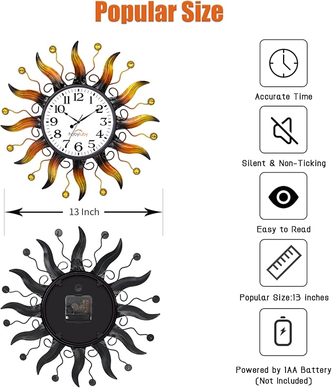 Outdoor Clock Silent Non-Ticking, Sun Outdoor Wall Clock Waterpooof Outside Clock for Patio, Home Decorations(Orange)