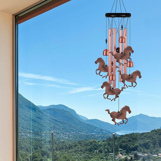 Red Copper Horse Wind Chimes - 4 Tube, 5 Horse Wind Catcher for Home, Garden, Patio, Balconies, Indoor Decoration