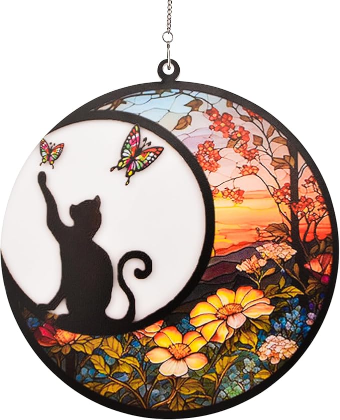 Stained Glass Window Hanging, 1 Pack Black Cat On The Moon Suncatcher Ornament Decor Stained Glass Cat Memorial Gifts