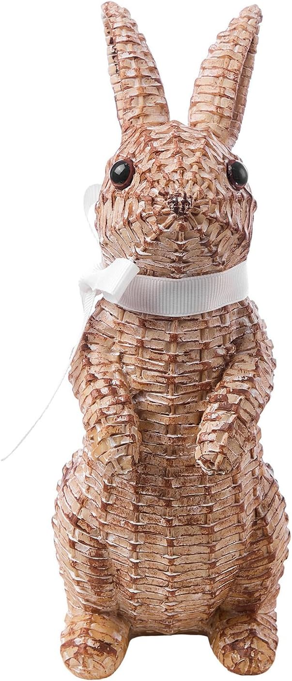 Rattan Rabbit Woven Rabbit Bow Resin Ornaments for Home Courtyard Lawn Tabletop and Easter Decoration to Enhance The Easter Atmosphere Preferred Easter Gifts (8.1in Brown Station)