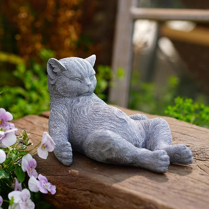 Stone Cat Garden Statue, Funny Resin Cat Figurine for Indoor & Outdoor Decor, Cute Relaxing Cat Sculpture for Patio Yard Lawn Porch Shelf, Cat Lover Gift, Weather Resistant, 9.8" L x 5.9" W x 6.7" H