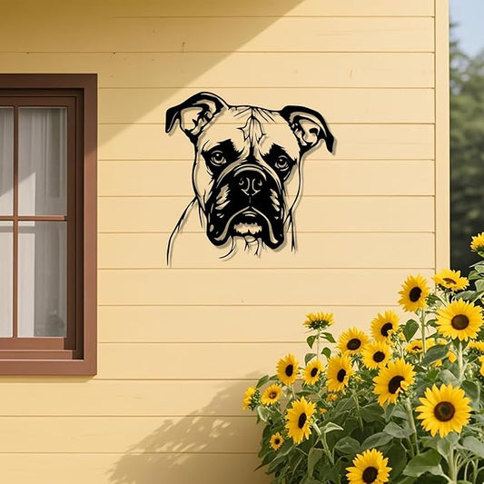 Boxer Dog Metal Wall Art - Rustproof Iron Dog Statue Mural for Patio, Fence & Wall Decor, Durable Pet-Themed Home Decoration(30cm/11.81in)
