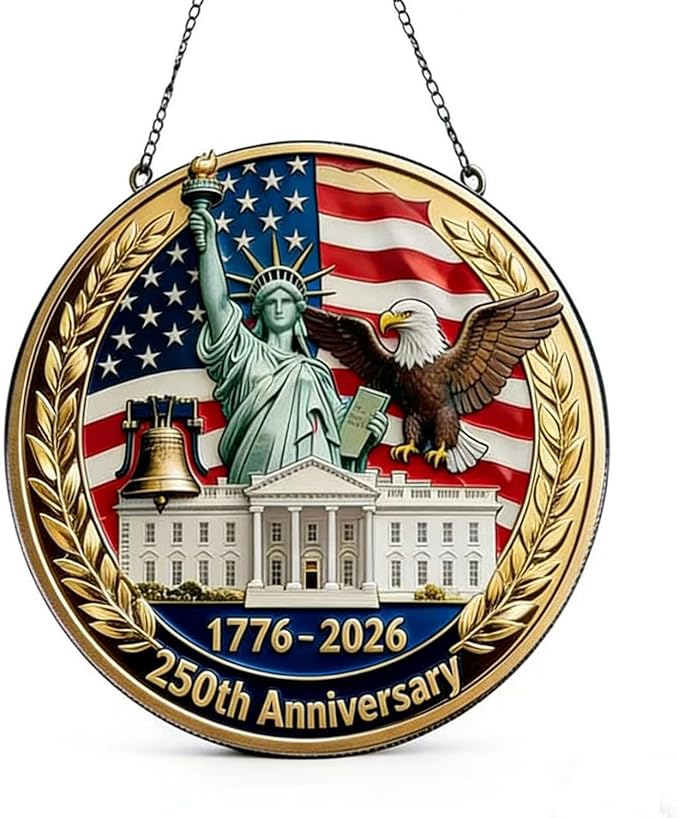 250th Anniversary America Round Ornament,1776-2026 Years with Freedom USA Flag Designs Patriotic Acrylic Stained Glass for Garden Decor Independence Day Sun Catcher for Home Supplies