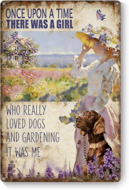 Garden Signs for Outside, Funny Metal Signs for Home Garden Patio Yard - A Girl Loves Dogs and Gardening, Vintage Gardening Gifts for Women, Wall Decor 12" x 8"