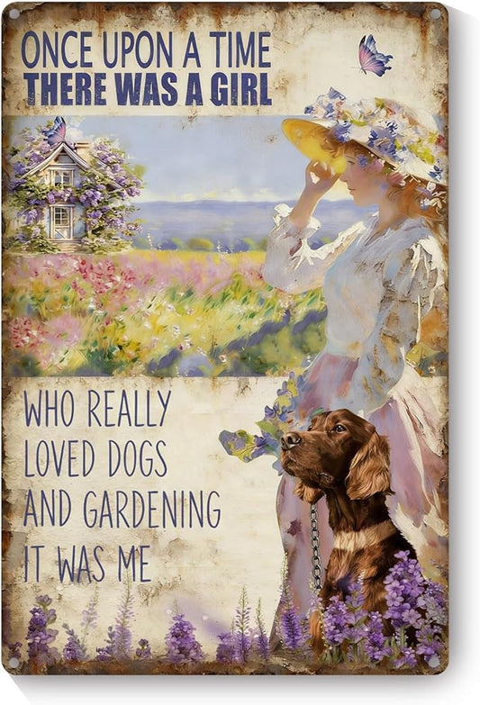 Garden Signs for Outside, Funny Metal Signs for Home Garden Patio Yard - A Girl Loves Dogs and Gardening, Vintage Gardening Gifts for Women, Wall Decor 12" x 8"