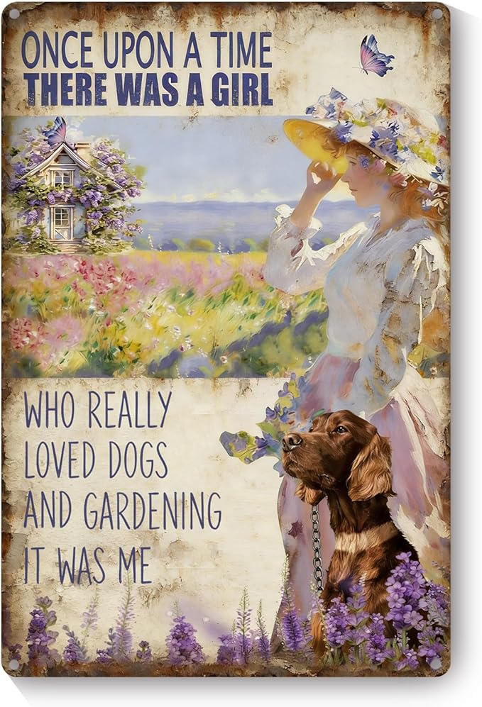 Garden Signs for Outside, Funny Metal Signs for Home Garden Patio Yard - A Girl Loves Dogs and Gardening, Vintage Gardening Gifts for Women, Wall Decor 12" x 8"