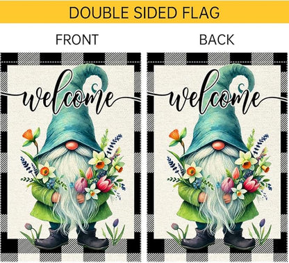 Welcome Spring Summer Gnome Garden Flag Colorful Floral Buffalo Plaid Garden Flags Small Burlap Lawn Seasonal Wildflowers Home Flags Outside Yard 12x18 Inch Double Sided
