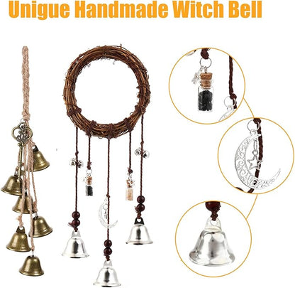 2 Pieces Witch Bells for Door Knob for Protection Hanging Bell Wind Chimes Handmade Decorative Bell for Boho Home Room Witchy Decor (Silver)