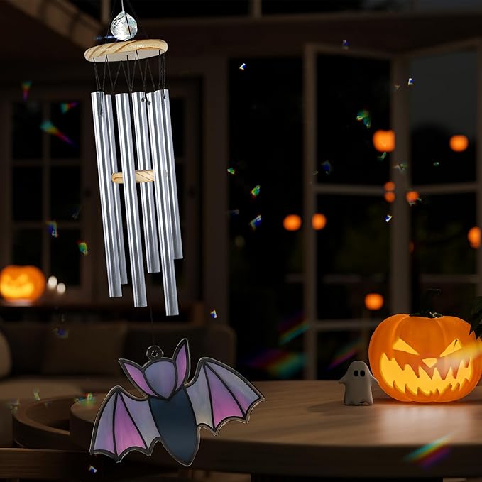 Halloween Bat Gothic Wind Chime for Outside Halloween Decoration Spooky Bat Suncatcher Crystal Rainbow Ornament Bat Flying Wind Chimes Outdoor for Porch Witchy Garden Gifts for Bat Lovers Friends