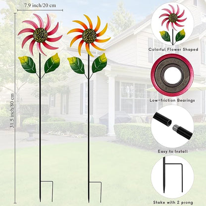 2 Pack Flower Wind Spinners Outdoor, Colorful Wind Sculptures & Spinners with Stake, Metal Windmill for Yard Patio Lawn Garden Decor, 31 x 8 Inches