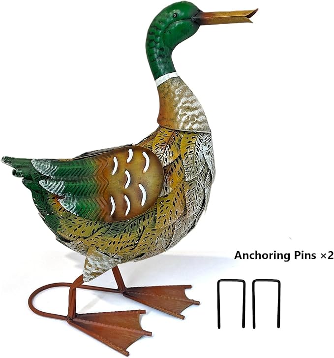 HONGLAND Solar Outdoor Metal Duck Sculpture, 16" Mallard Duck Garden Statue with Lights for Outdoor Patio, Backyard, Lawn, Home Kitchen Decoration