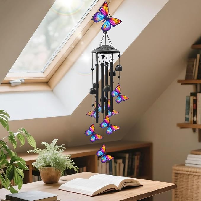 Butterfly Wind Chimes for Outside, Black Metal Windchimes Outdoors, Butterflies Gifts for Women/Men, Garden/Yard Decor, Memorial/Birthday Gifts for Grandma/Mom, Durable Chimes for Outdoors