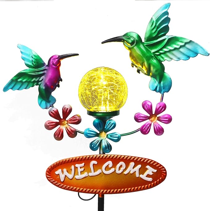 Outdoor Solar Garden Stakes Welcome Sign, 2 Flying Hummingbirds with Cracked Glass Ball,Decorative Garden Stakes for Lawn, Patio, Hummingbird Gifts for Women