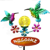 Outdoor Solar Garden Stakes Welcome Sign, 2 Flying Hummingbirds with Cracked Glass Ball,Decorative Garden Stakes for Lawn, Patio, Hummingbird Gifts for Women