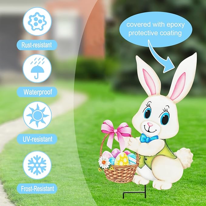 Easter Decorations Outdoor,2 Pack Metal Easter Egg Bunny Yard Signs for Outside,Cute Bunny Garden Stakes for Lawn,Yard,Rabbit Gifts for Women