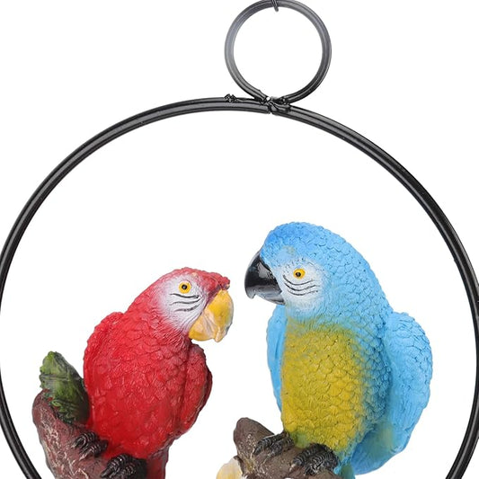 Keebgyy Metal Birds Outdoor Decor, Parrots Hanging Statue, Garden Iron Rings Parrots Pendant Resins Bird Model Crafts Courtyard Balcony Decorations Small Red Blue Macaw, Macaw Model Pendant Red