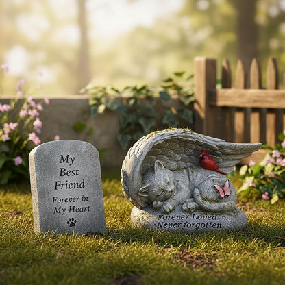 Cat Memorial Stones with Angel Wing Kitten Sculpture Sleeping 6 Inch, Pet Grave Markers Resin Pet Loss Sympathy Gift Cat for Outdoor Garden Gravesite Funeral