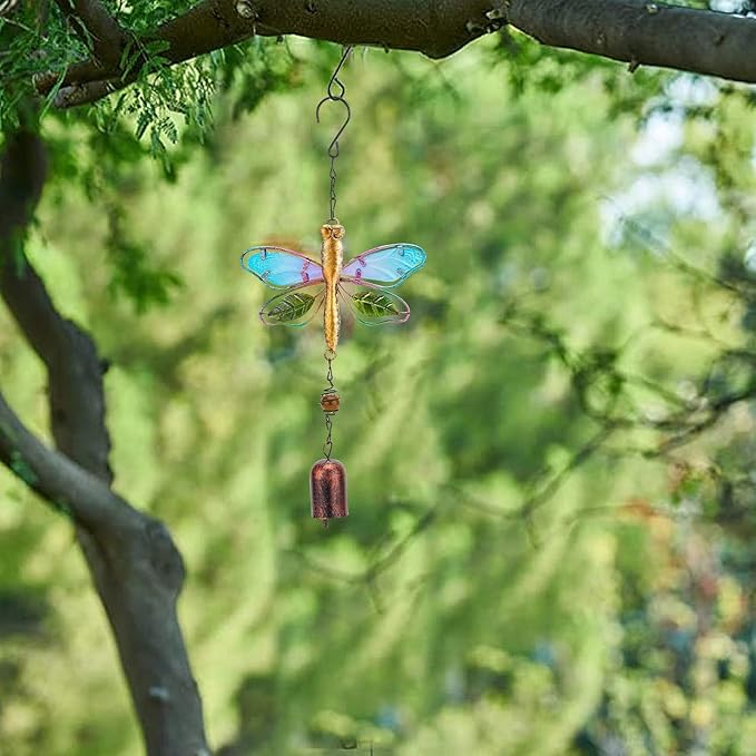 GORGECRAFT Dragonfly Wind Chime Metal Glass Music Wind Bell 14.2" Romantic Colorful Dragonfly Shaped Hanging Ornaments with Chime Gifts for Women Garden Patio Yard Party Indoor Outdoor Decorations