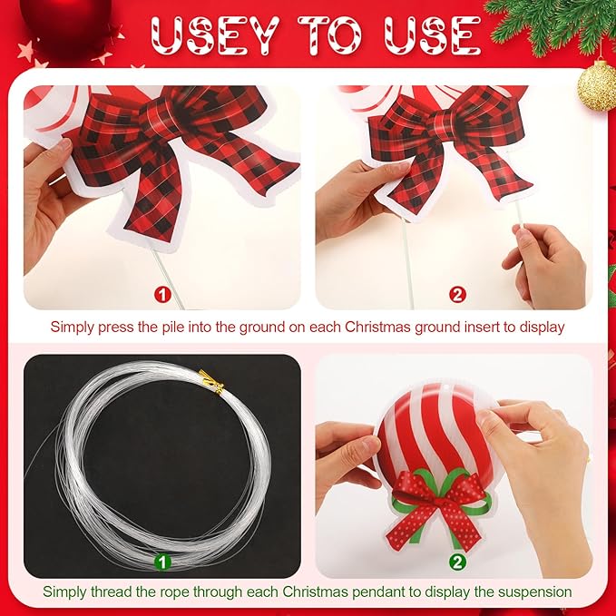 Huwena 30 Pcs Christmas Outdoor Hanging Decorations Snowflakes Candy Yard Signs Include 6 Plastic Yard Stakes 24 Double Sided Ornaments for Christmas Winter Holiday Garden Tree Decor(Candy Cane)