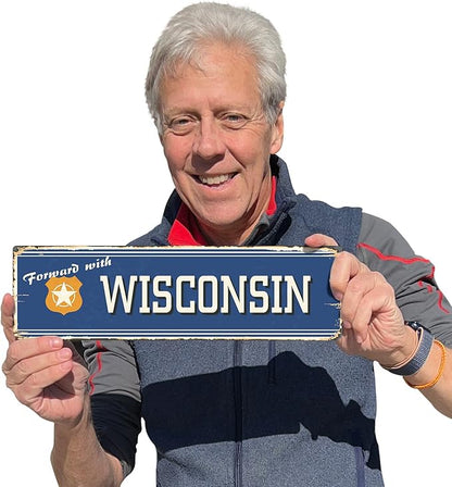 SmartSign 4 x 14 inch Forward With Wisconsin State Vintage Metal Sign, 40 mil Rustproof Aluminum with Clear Overcoat, Retro Wall Décor, Multicolor, Made in USA