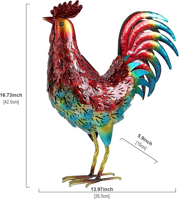 Kircust Solar Metal Rooster Animal Lights Garden Sculptures Art Decor, Outdoor LED Light Color Chicken Statue for Farm Patio Lawn Back Yard Home Decorations,13.98" WX5.9 DX16.74 H