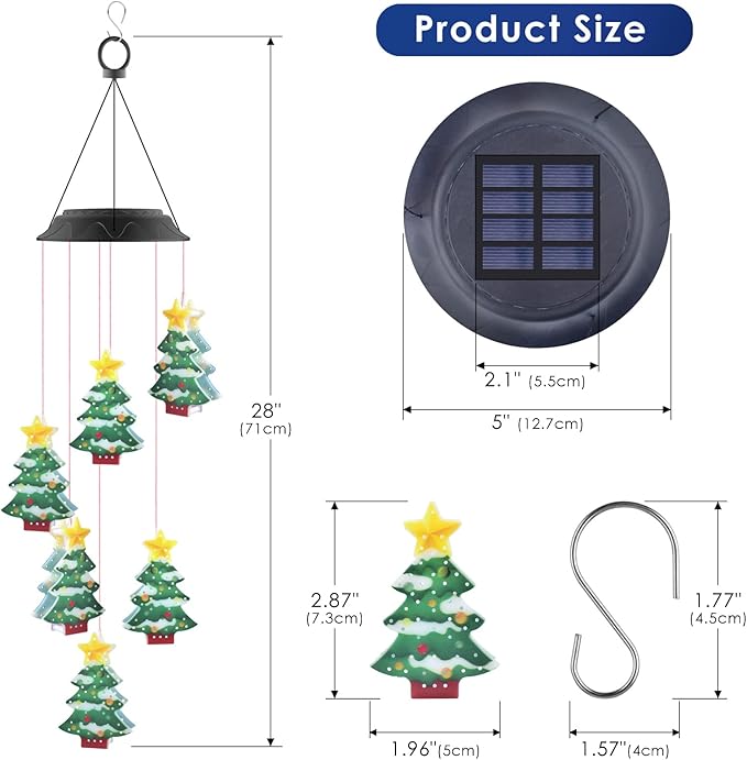 PACETAP Christmas Solar Wind Chimes, Color Changing Led Solar Wind Chimes, Hanging Outdoor Christmas New Year Garden Decor Gift for Children/Mom