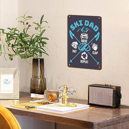 patio wall decor Skiing Dad Drive Pay Clap Repeat metal signs vintage Man Cave Vintage Retro Tin Sign: Decorative Wall Art for Bathroom,Yard,Wedding,Street,Garage,and More 8X12inch