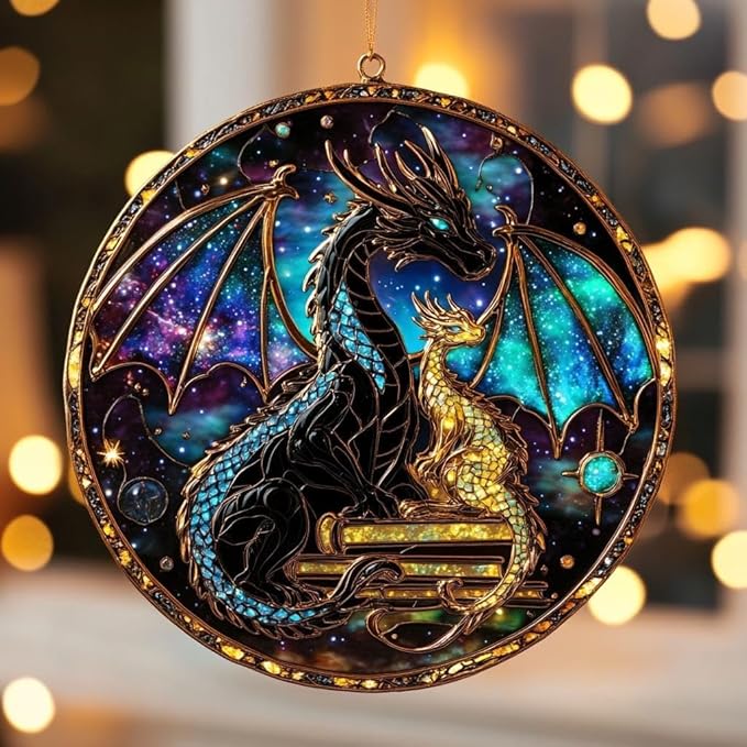Fantasy Dragon Acrylic Suncatcher - Faux Stained Glass Indoor Window Hanging Ornament, Outdoor Sun Catcher Panel, Home Decor Gift for Dragon Fans