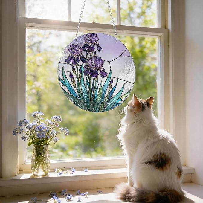Acrylic Window Hanging, Purple Flowers Romantic Suncatcher for Home Garden Decor, Door Window Decoration, Christmas or Birthday Gifts for Women Family or Friends