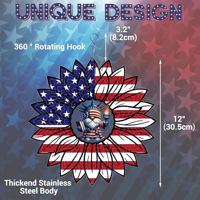 Gnome 4th of July Wind Spinner Hanging Garden Decor Independence Day Yard Garden Metal Spinner Memorial Day Wind Sculptures for Indoor Outdoor Spinning Lawn Ornaments Patriotic Art Kinetic Sculpture